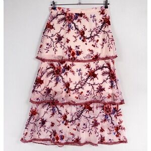 Willow & Clay Maxi Skirt Sz Medium Red Pink Floral Velvet Burnout Tiered Fringe